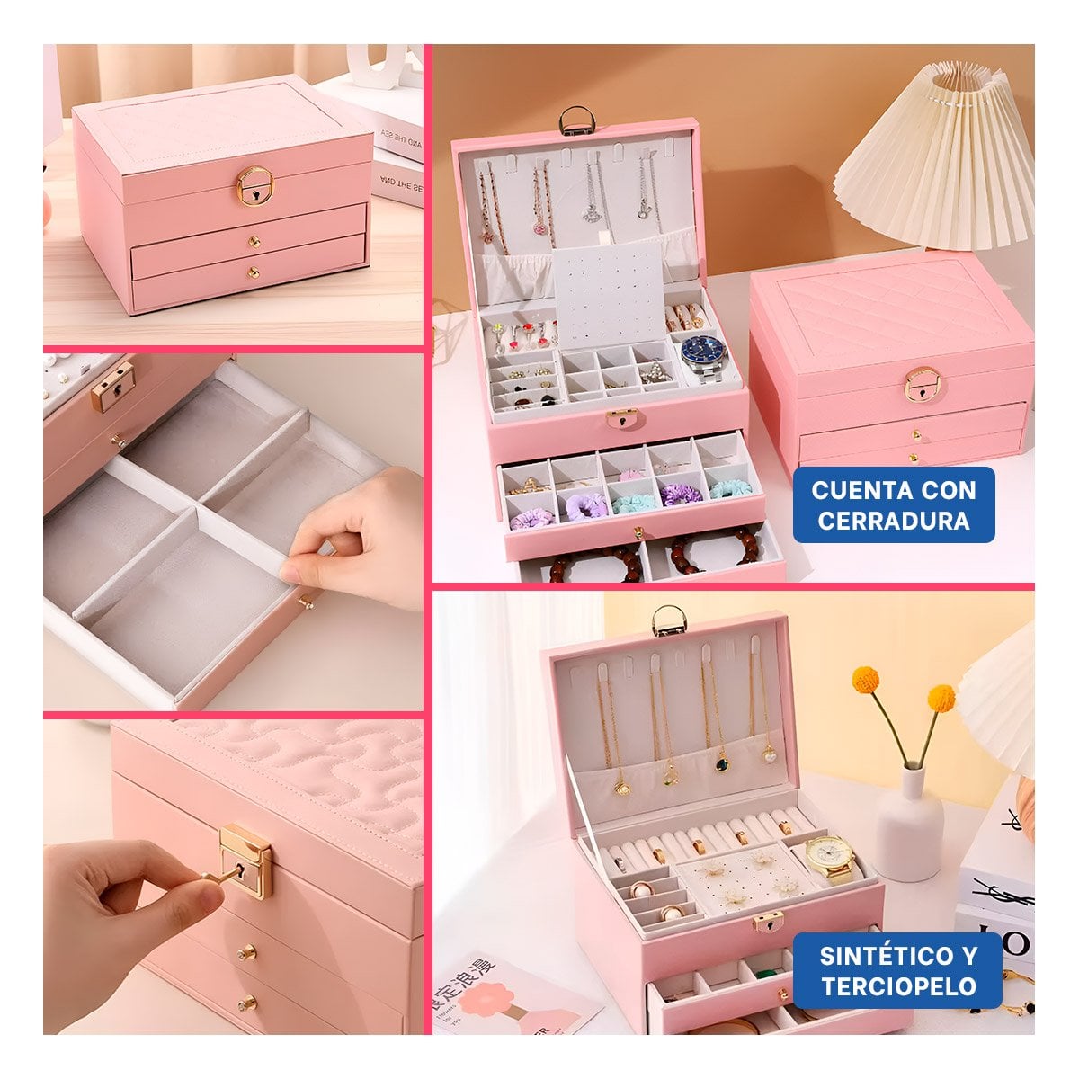 JOYERO ELEGANTE ROSADO 3 NIVELES 23X17X13,5 CM CON BANDEJAS Y+POST IT - 1