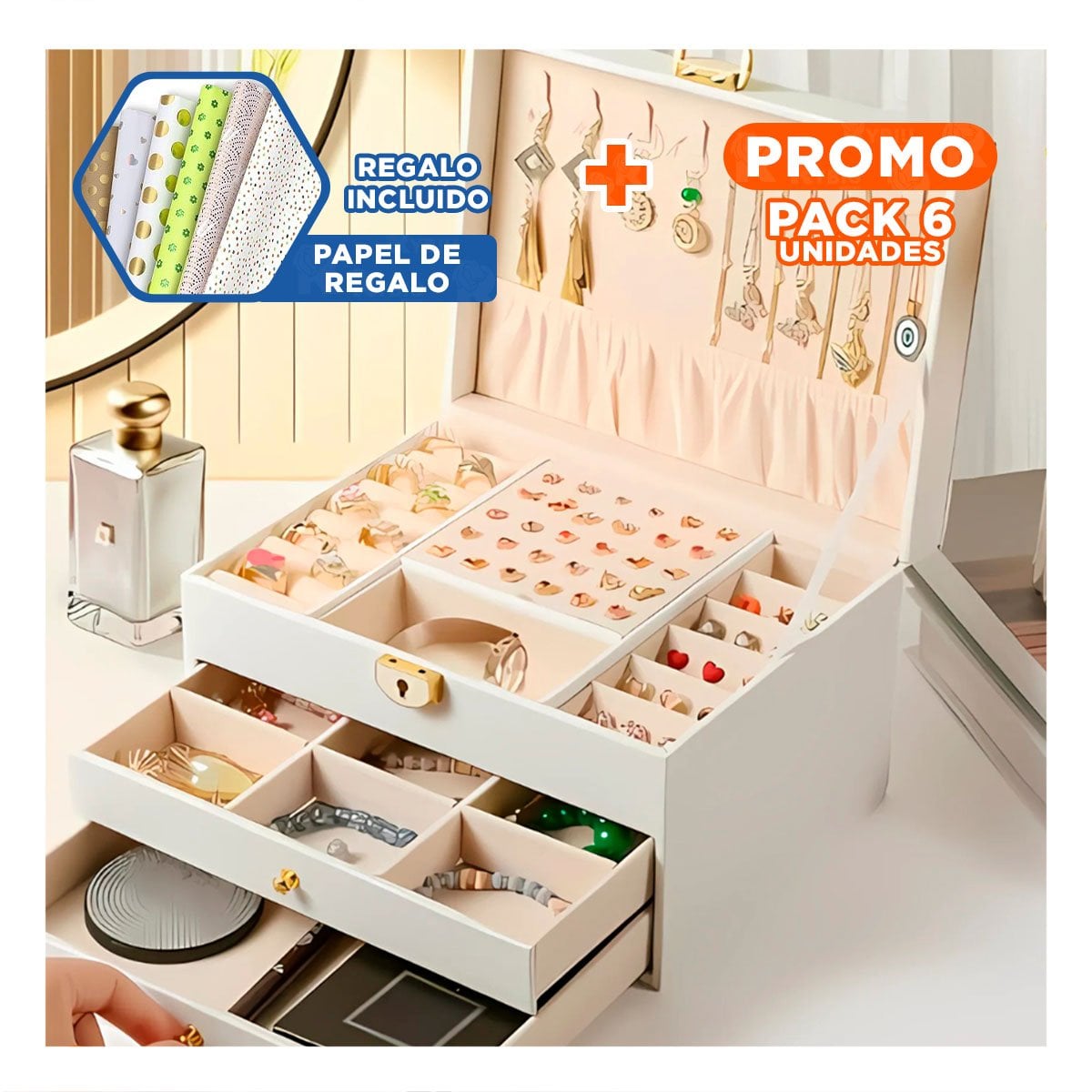 PACK6 ESTUCHE PRACTICO 3 NIVELES 23X17X13,5 CM BLANCO Y+PAPEL REGALO - 1
