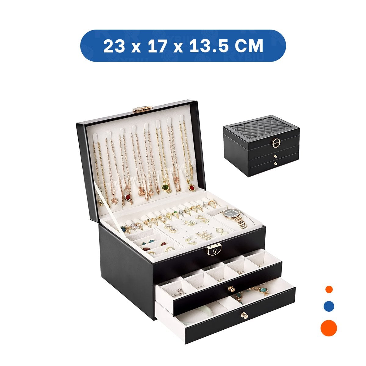 ALHAJERO ELEGANTE NEGRO 3 NIVELES 23X17X13,5 CM PARA ORGANIZAR Y+LIGAS REGALO - 4