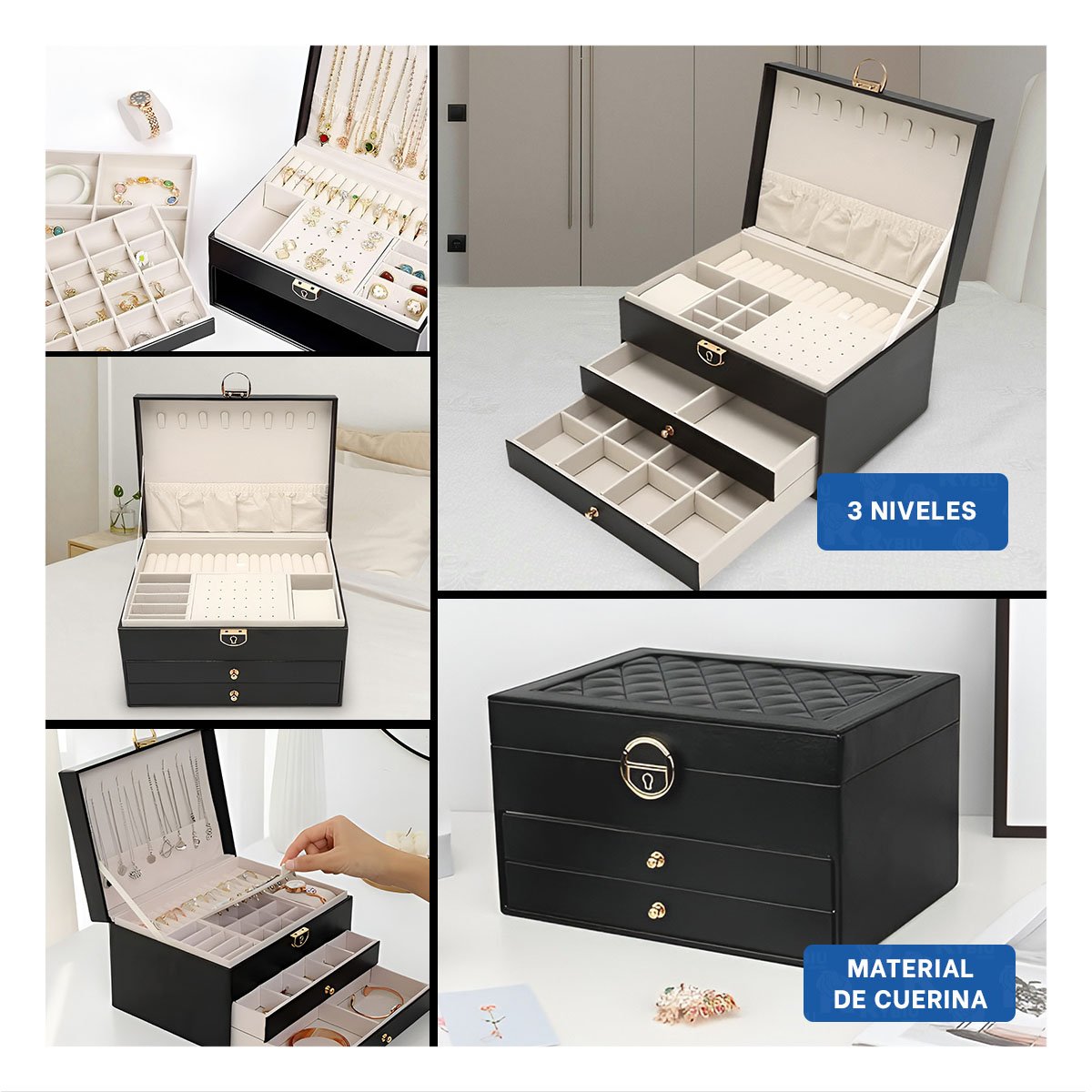 ALHAJERO ELEGANTE NEGRO 3 NIVELES 23X17X13,5 CM PARA ORGANIZAR Y+LIGAS REGALO - 5