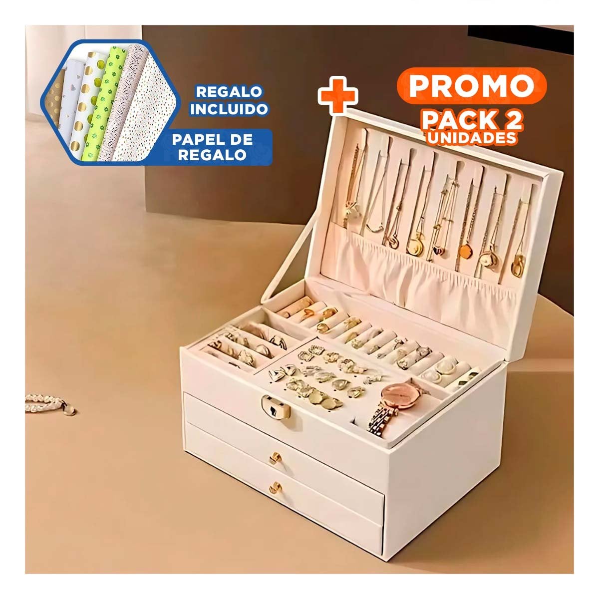 PACK2 ESTUCHE ORGANIZADOR 3 NIVELES 23X17X13,5 CM BLANCO Y+PAPEL REGALO - 1