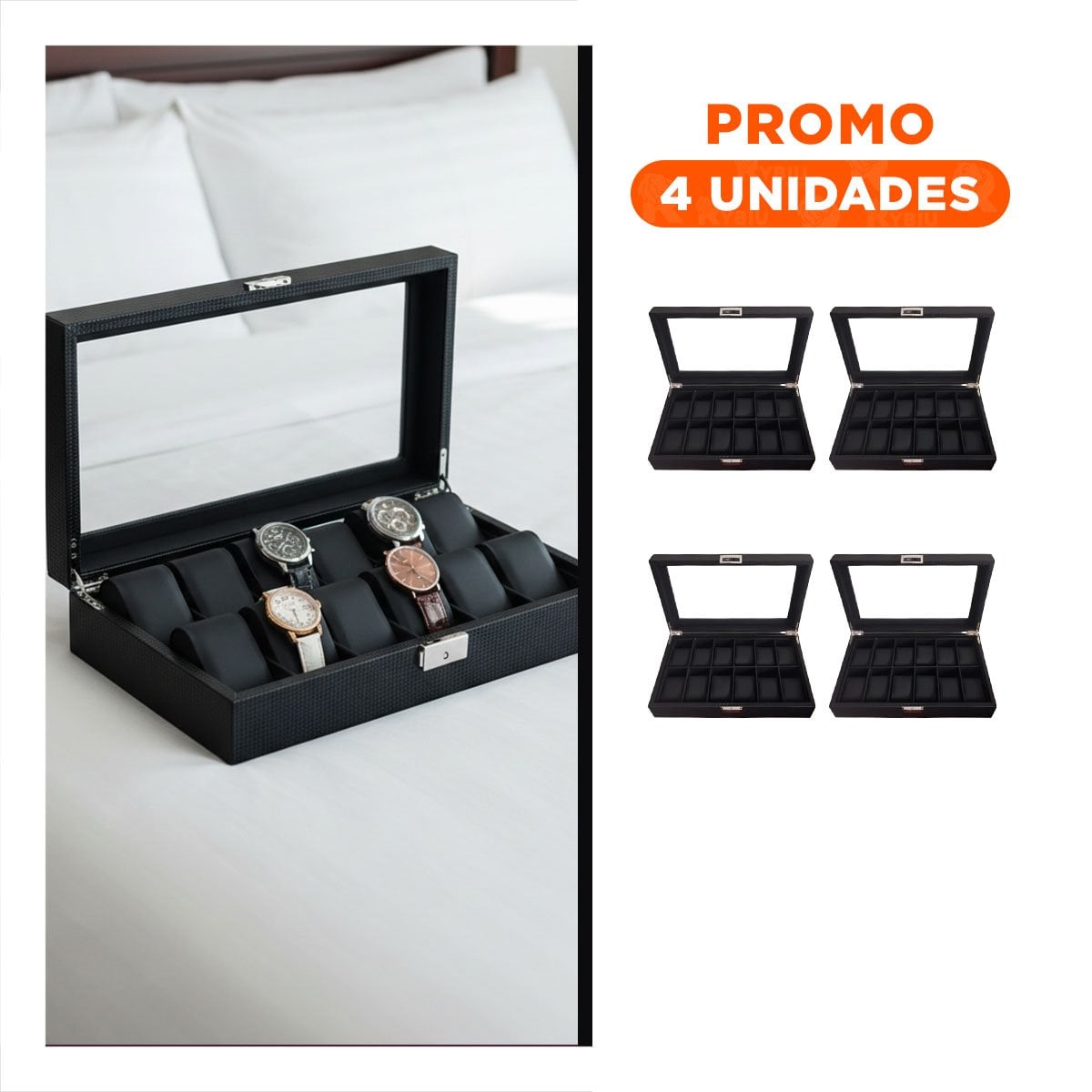 PACK4 ESTUCHE COMPLETO PARA 12 RELOJES NEGRO ELEGANTE Y+REGALO STICKER - 1