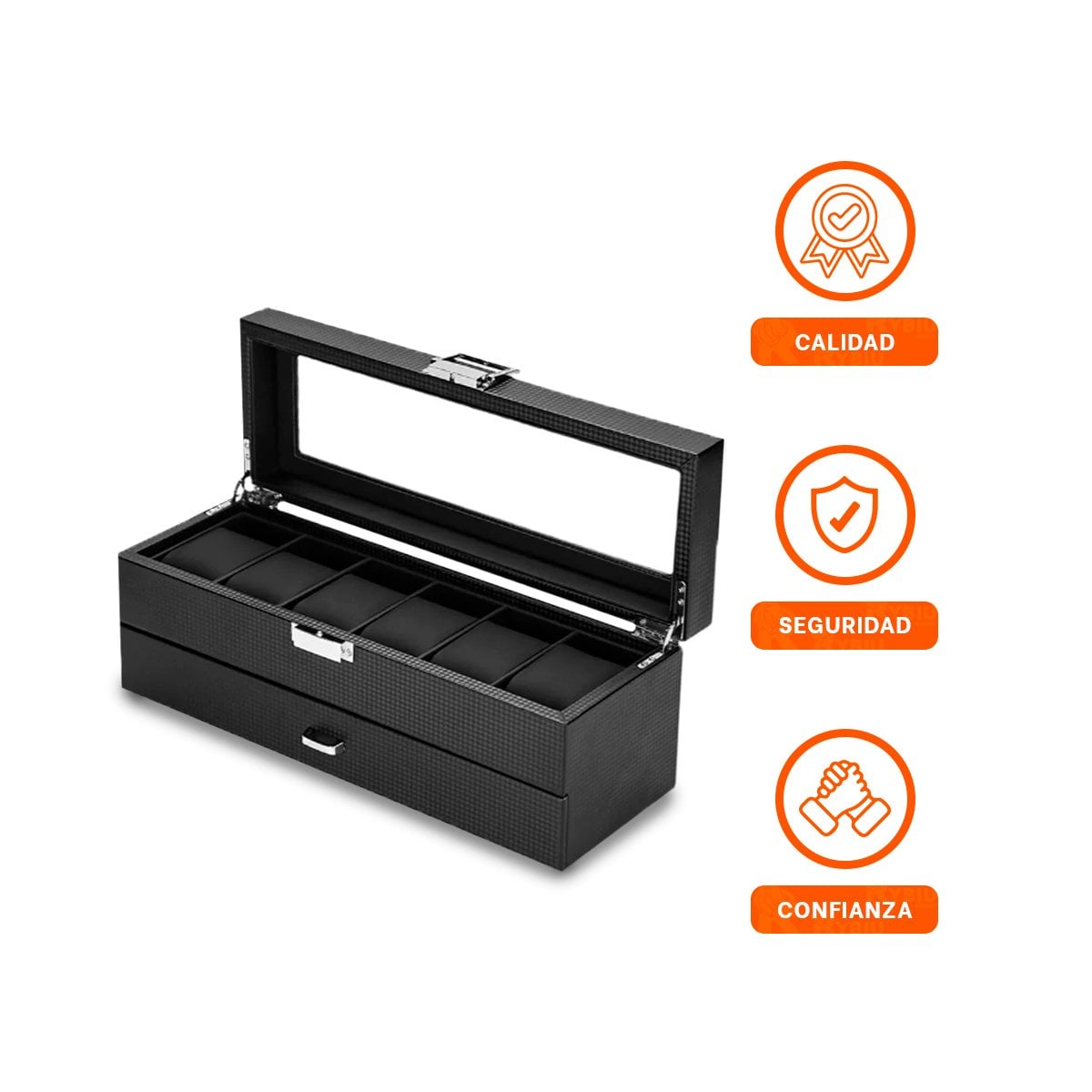 CAJA PARA 6 RELOJES Y ACCESORIOS NEGRO 2 NIVELES COMPLETO Y+LIGAS REGALO - 3