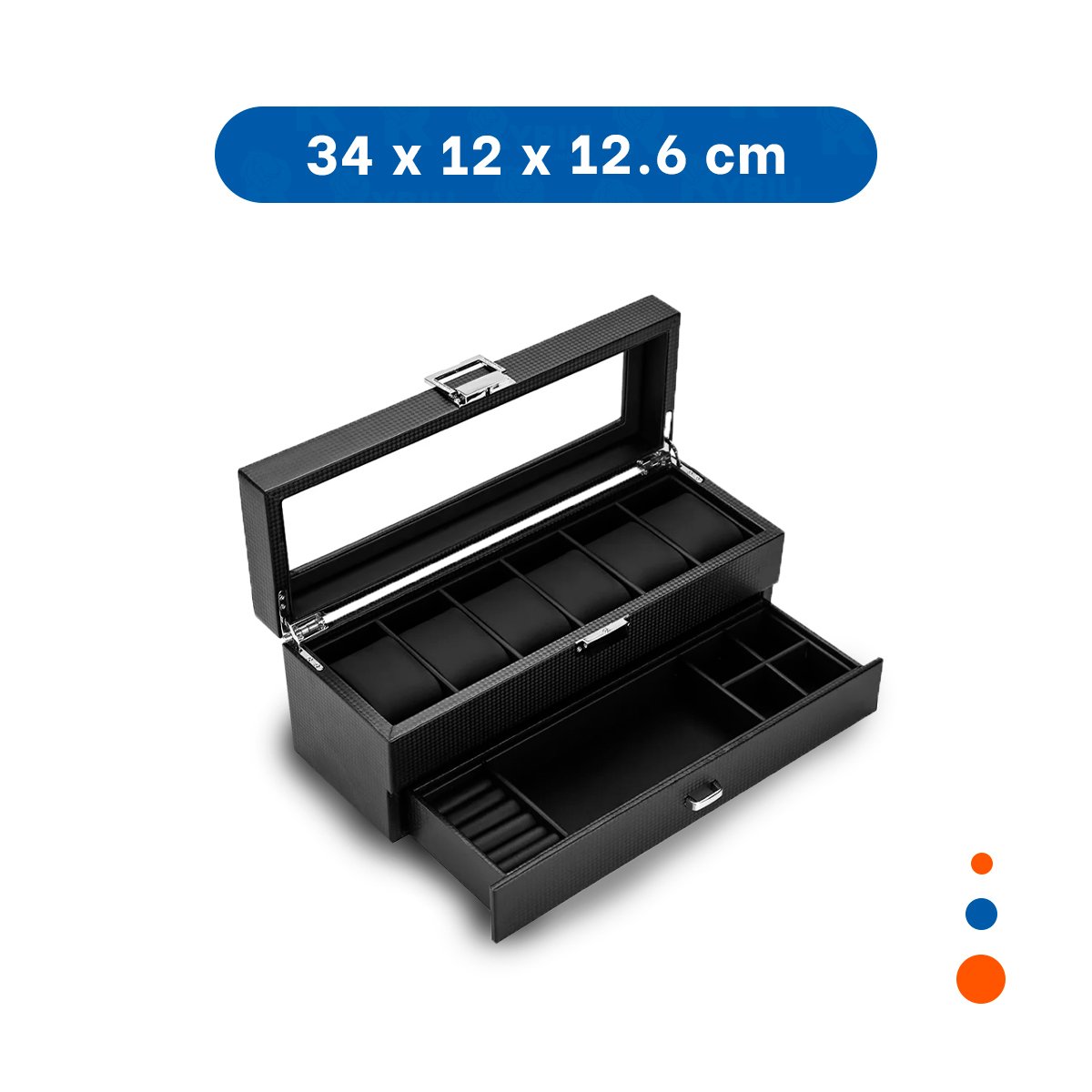 CAJA PARA 6 RELOJES Y ACCESORIOS NEGRO 2 NIVELES COMPLETO Y+LIGAS REGALO - 4