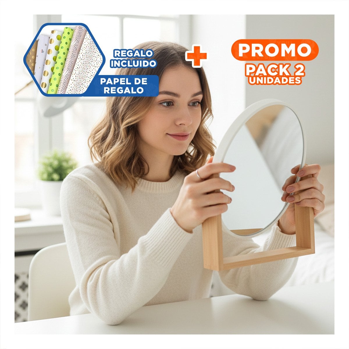 PACK2 ESPEJO OVALADO DE MESA CON BASE MADERA 15CM DOBLE VISTA Y+PAPEL REGALO - 1