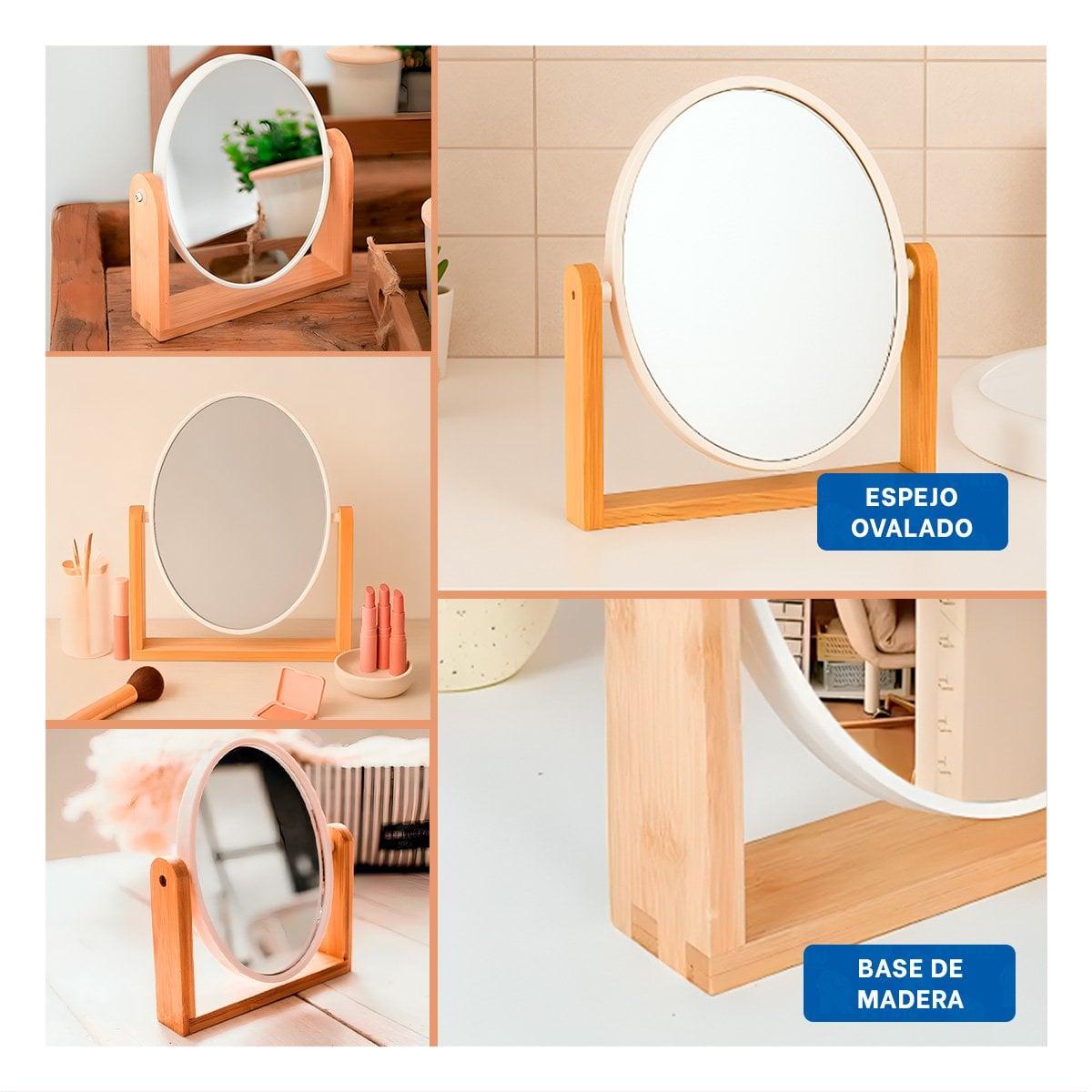 PACK2 ESPEJO OVALADO DE MESA CON BASE MADERA 15CM DOBLE VISTA Y+PAPEL REGALO - 3