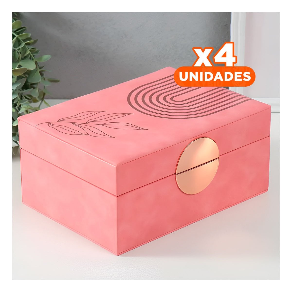 PACK4 BAUL MODERNO 2 NIVELES 24,5X18X11 CM ROSADO CON TOQUES DORADOS - 1
