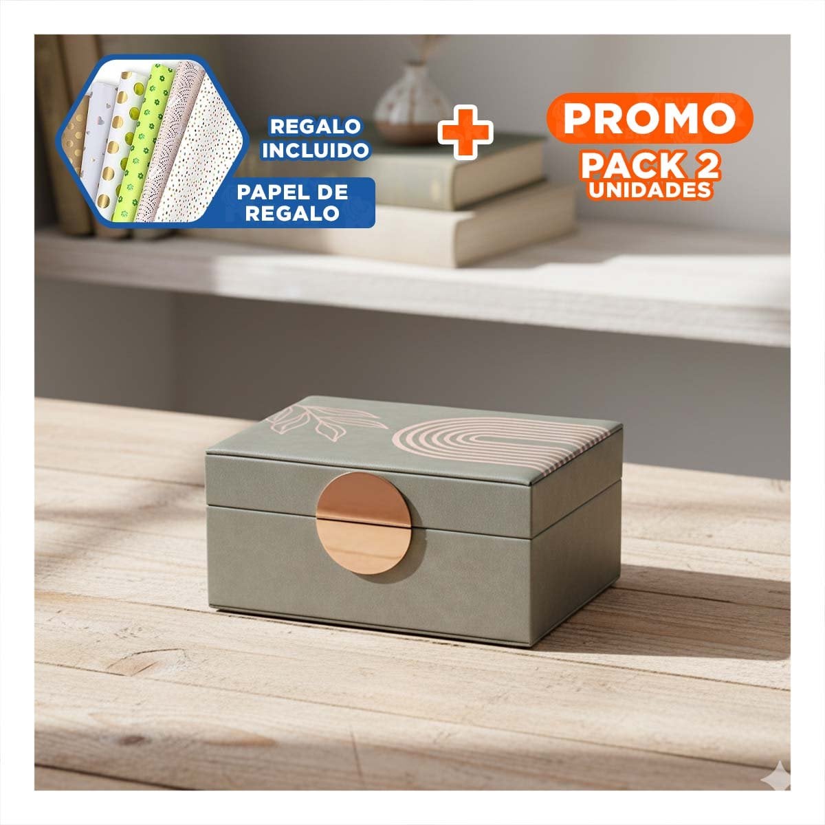 PACK2 GUARDAJOYAS MODERNO 2 NIVELES 24,5X18X11 CM VERDE CON DETALLES DORADOS Y+PAPEL REGALO - 1