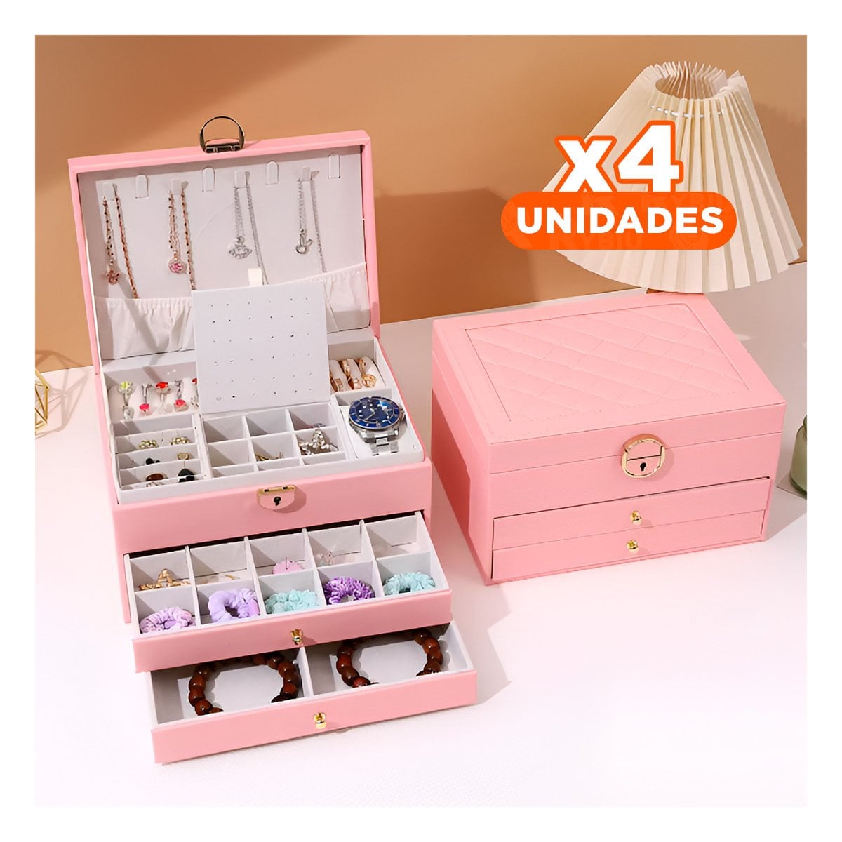 PACK4 EXHIBIDOR MODERNO ROSADO 3 NIVELES 23X17X13,5 CM PARA TOCADOR - 1