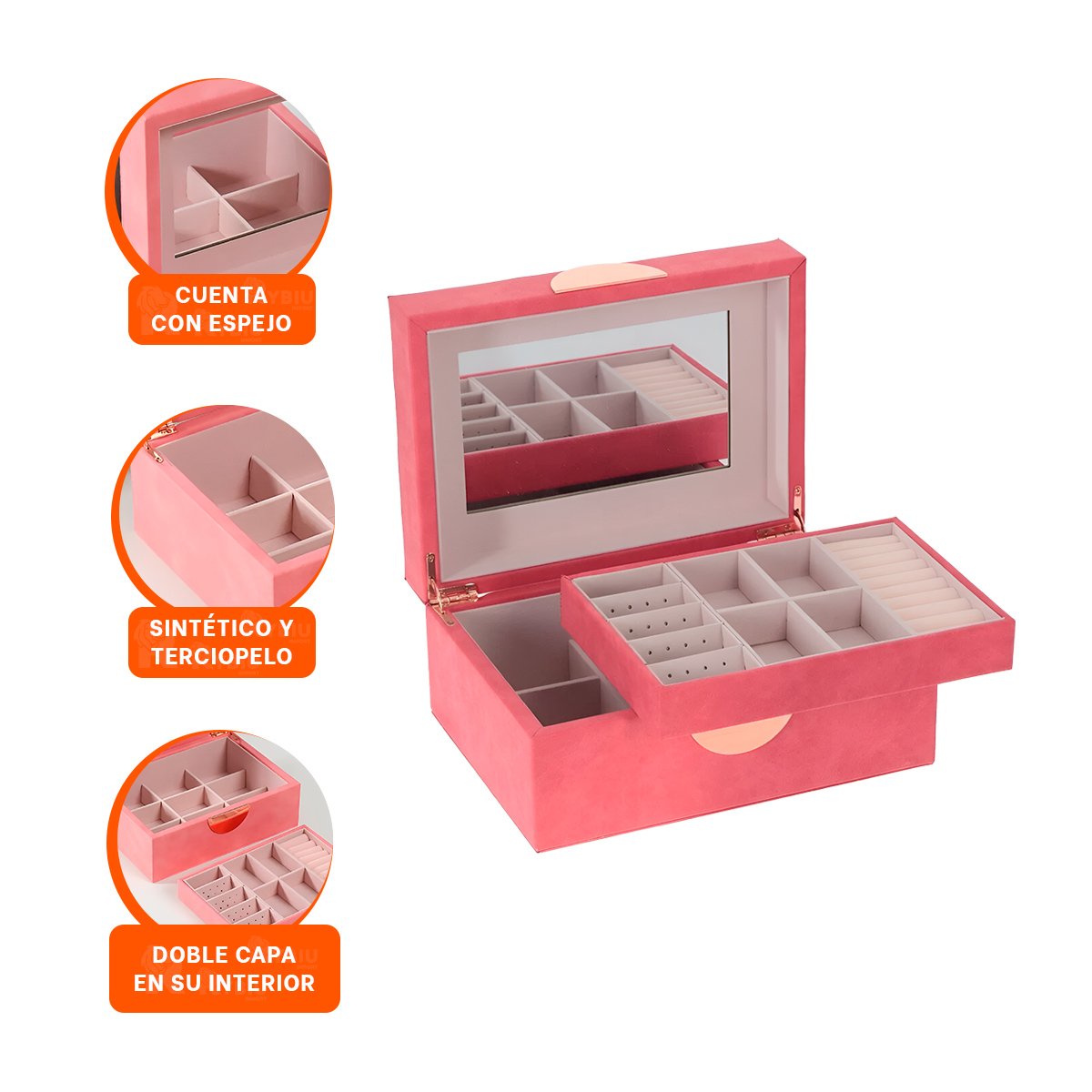 BAUL ELEGANTE 2 NIVELES 24,5X18X11 CM ROSADO CON DETALLES DORADOS - 3