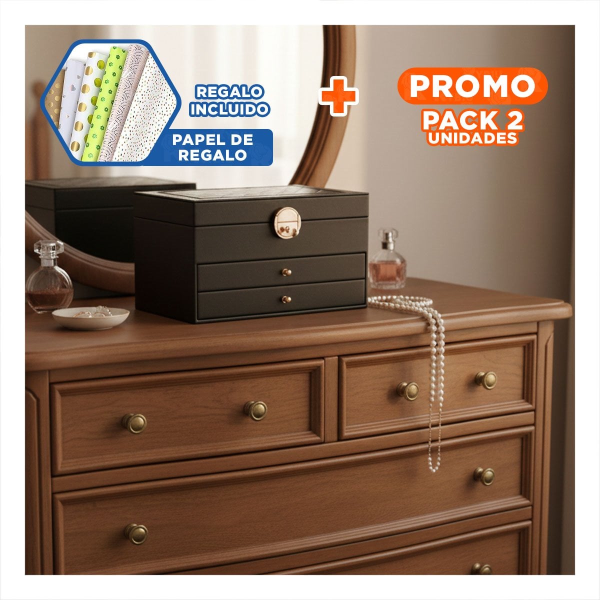 PACK2 ALMACENADOR MODERNO NEGRO 3 NIVELES 23X17X13,5 CM PARA JOYAS Y+PAPEL REGALO - 1
