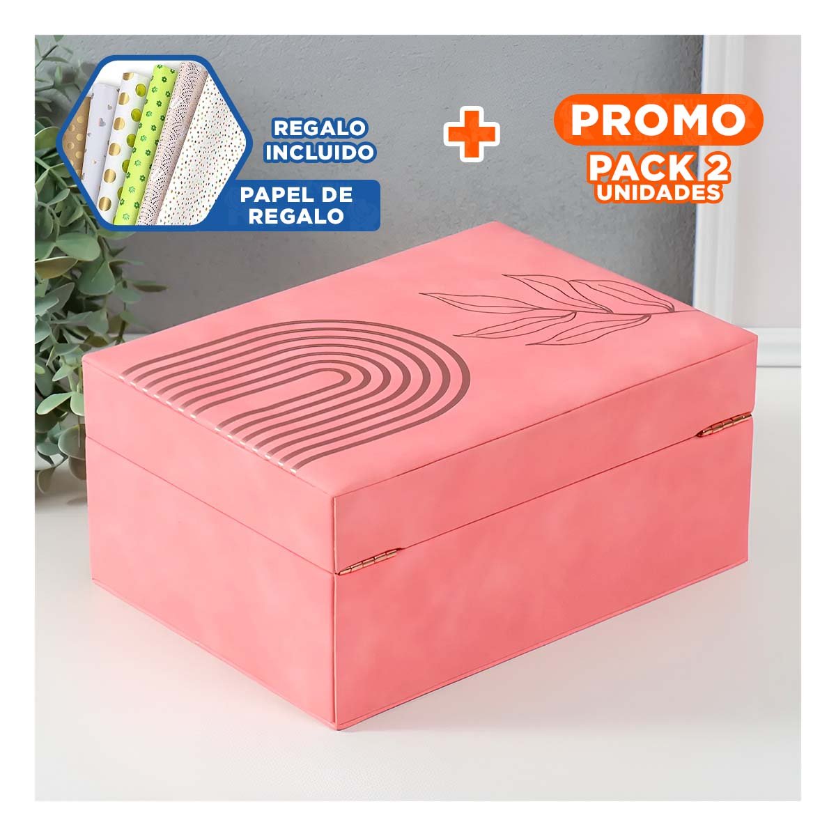 PACK2 JOYERO MODERNO 2 NIVELES 24,5X18X11 CM ROSADO CON ACABADOS DORADOS Y+PAPEL REGALO - 1