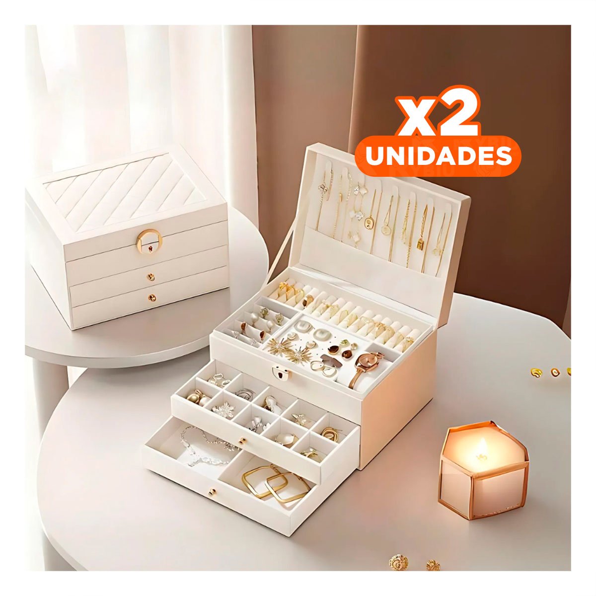 PACK2 CAJA PARA JOYAS 3 NIVELES 23X17X13,5 CM BLANCO HOGAR Y+REGALO STICKER - 1
