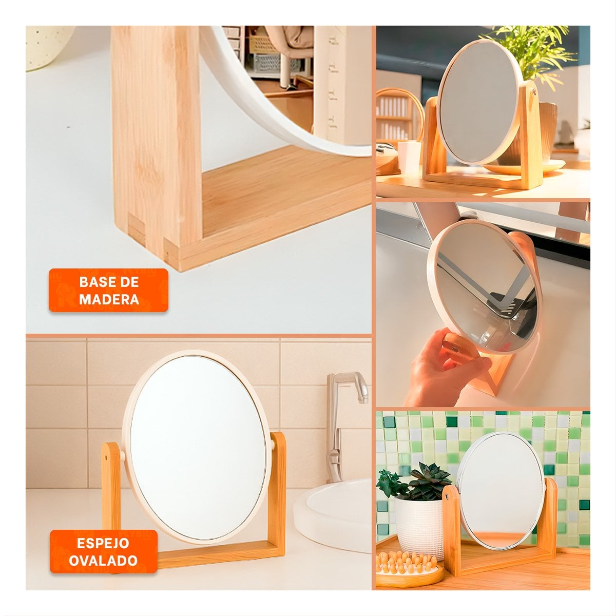 PACK4 ESPEJO OVALADO DOBLE TRANSPARENTE 15CM CON BASE MADERA Y+REGALO STICKER - 2