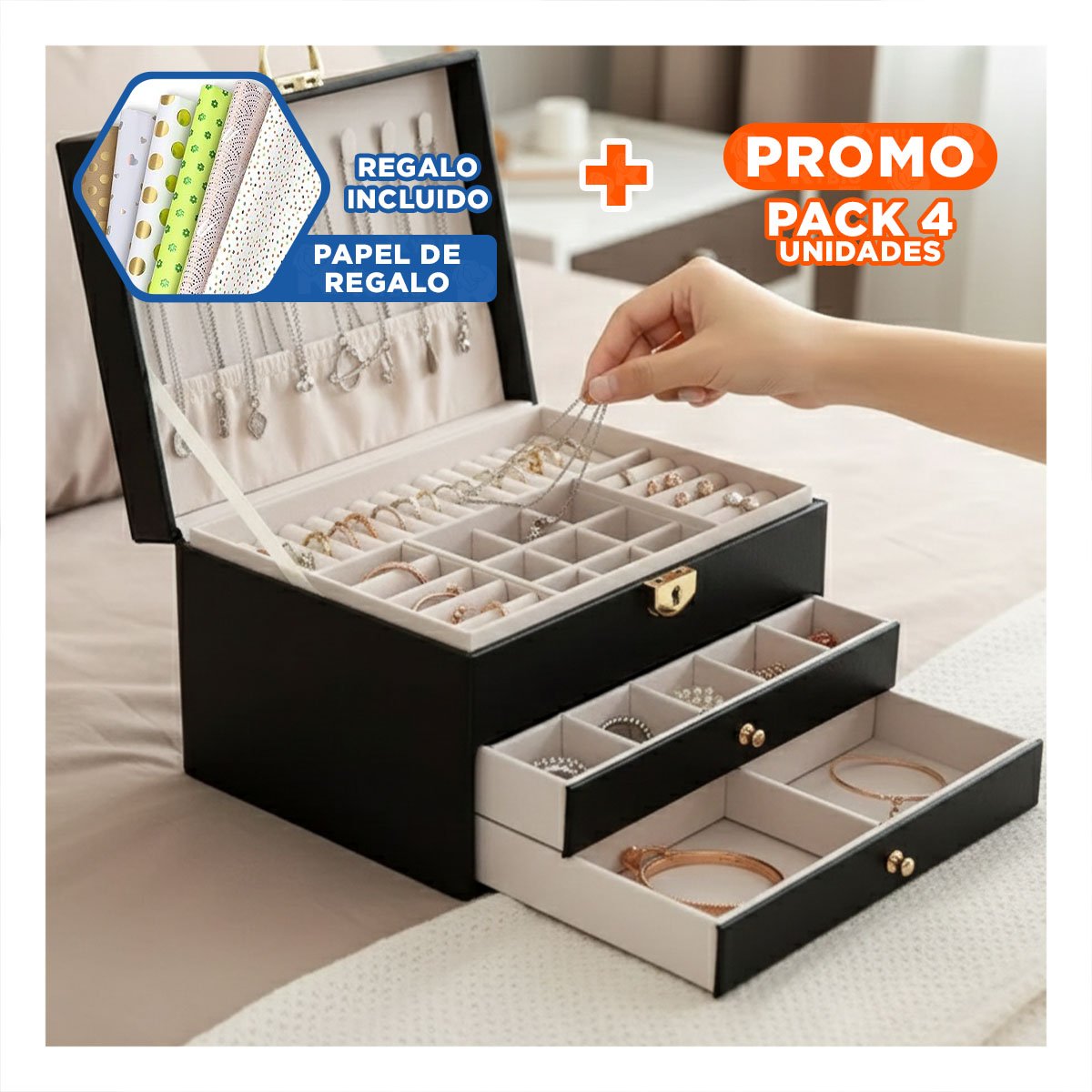 PACK4 ORGANIZADOR MODERNO NEGRO 3 NIVELES 23X17X13,5 CM CON ESPACIOS Y+PAPEL REGALO - 1