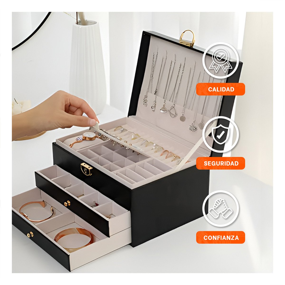 PACK6 ALHAJERO MODERNO NEGRO 3 NIVELES 23X17X13,5 CM CON ESPEJO Y+REGALO STICKER - 2