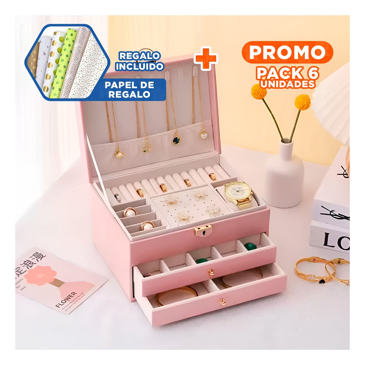 PACK6 ALHAJERO MODERNO ROSADO 3 NIVELES 23X17X13,5 CM CON ESPEJO Y+PAPEL REGALO - 1