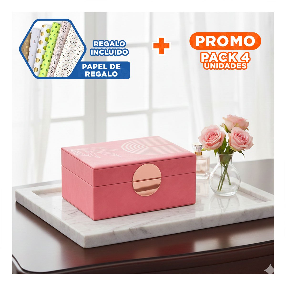 PACK4 CONTENEDOR MODERNO 2 NIVELES 24,5X18X11 CM ROSADO CON DETALLES DORADOS Y+PAPEL REGALO - 1