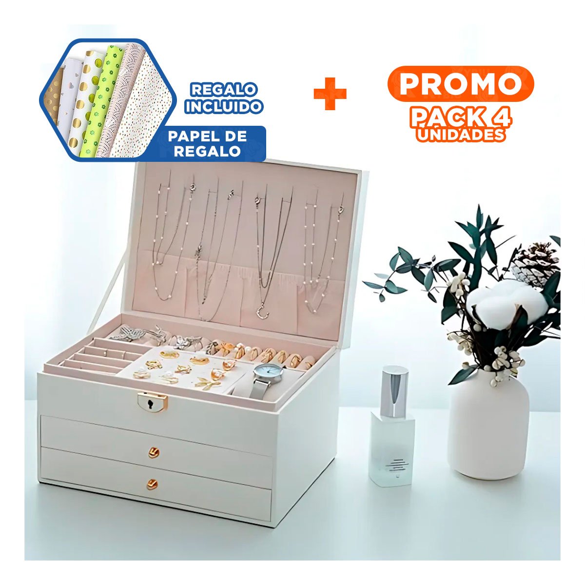 PACK4 JOYERO PRACTICO 3 NIVELES 23X17X13,5 CM BLANCO HOGAR Y+PAPEL REGALO - 1