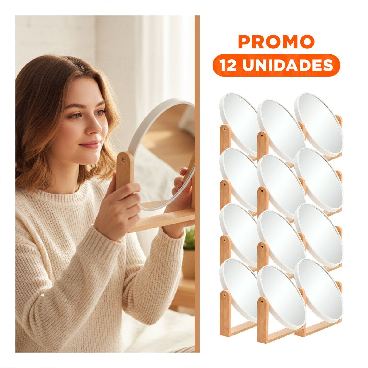 PACK12 ESPEJO OVALADO DOBLE CON BASE MADERA NATURAL 15CM Y+REGALO STICKER - 1