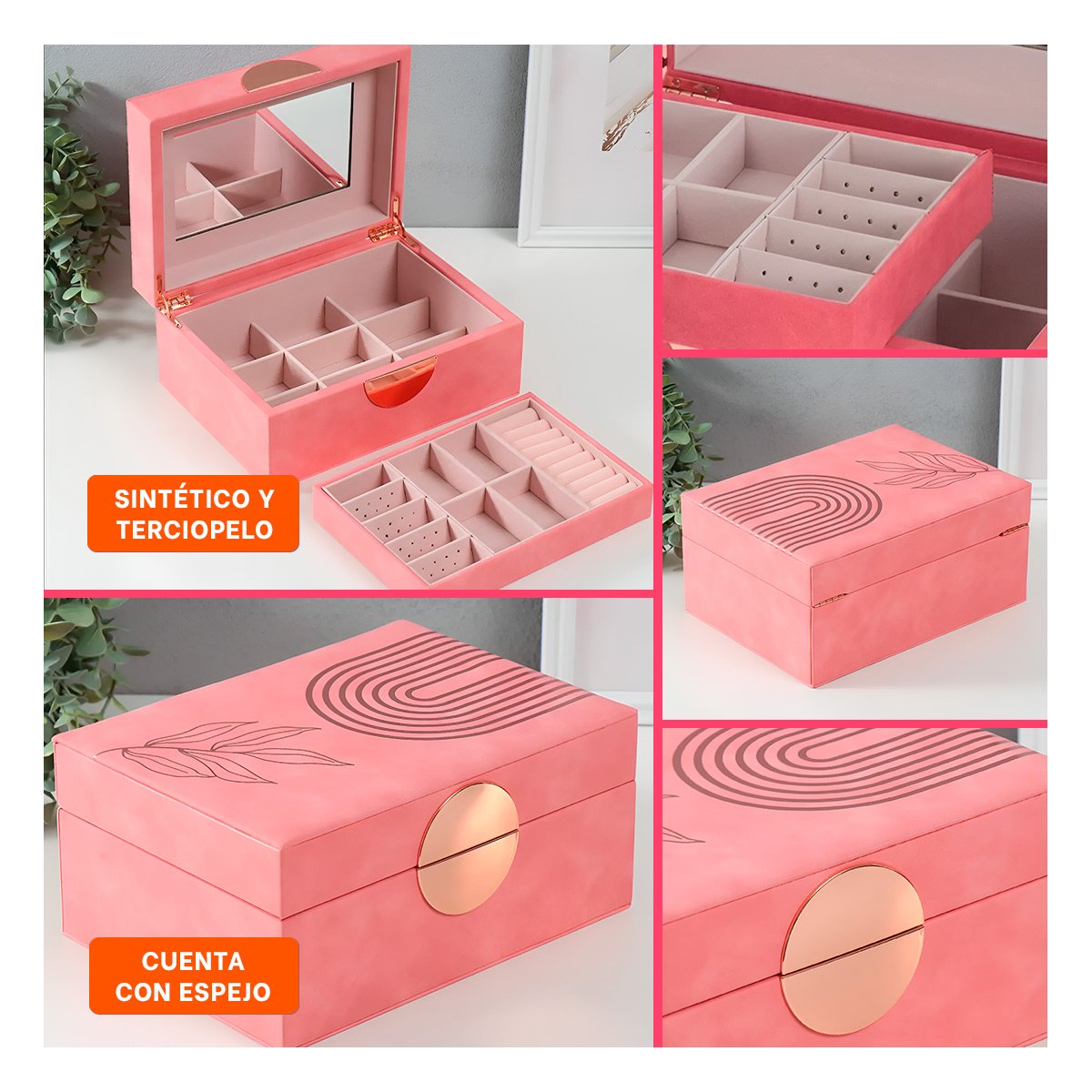 CAJA ELEGANTE 2 NIVELES 24,5X18X11 CM ROSADO CON DETALLES DORADOS Y+POST IT - 5