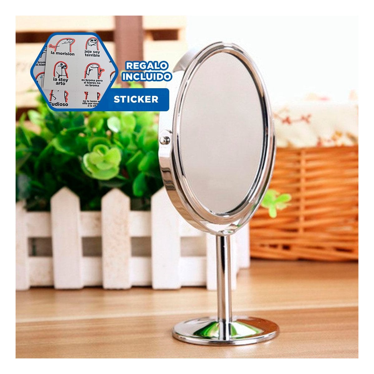 SUPERFICIE REFLECTIVA DE TOCADOR CIRCULAR 14,5CM PLATEADO Y+REGALO STICKER - 1