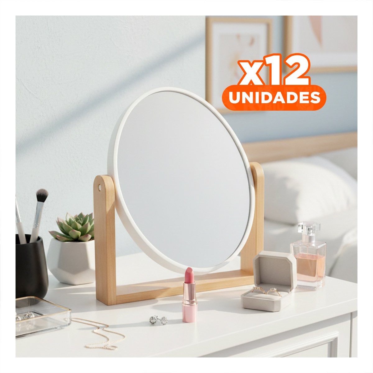 PACK12 ESPEJO OVALADO DOBLE PARA HOGAR 15CM CON BASE MADERA - 1