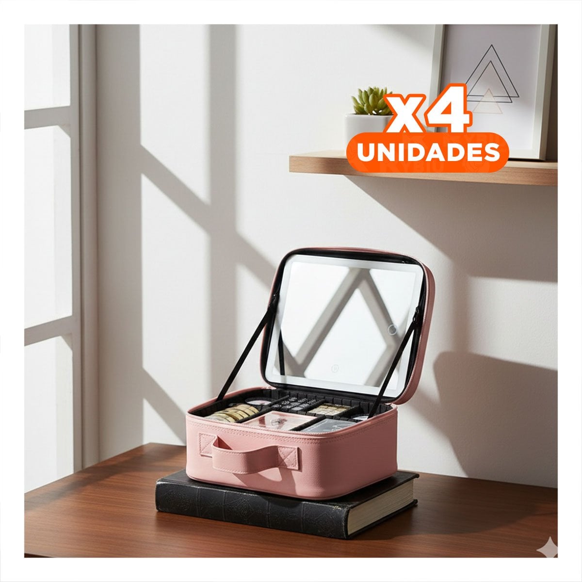 PACK4 PORTACOSMETICOS ELEGANTE DE MAQUILLAJE CON ESPEJO ROSADO CON GRAN CAPACIDAD - 1