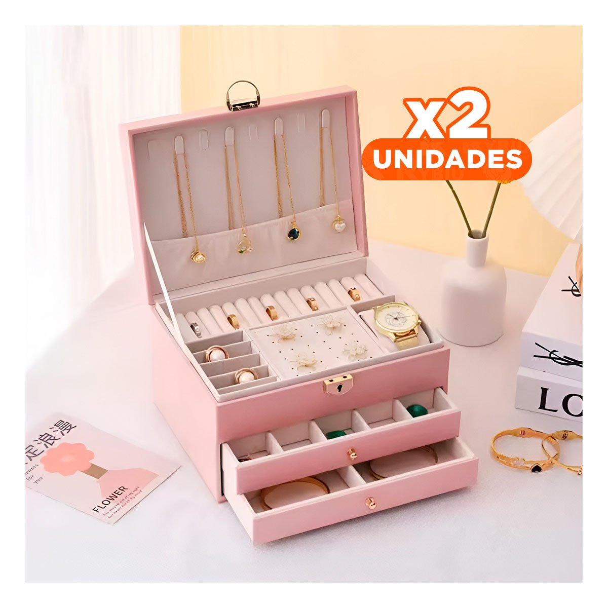 PACK2 CONTENEDOR MODERNO ROSADO 3 NIVELES 23X17X13,5 CM CON CAJONES Y+REGALO STICKER - 1