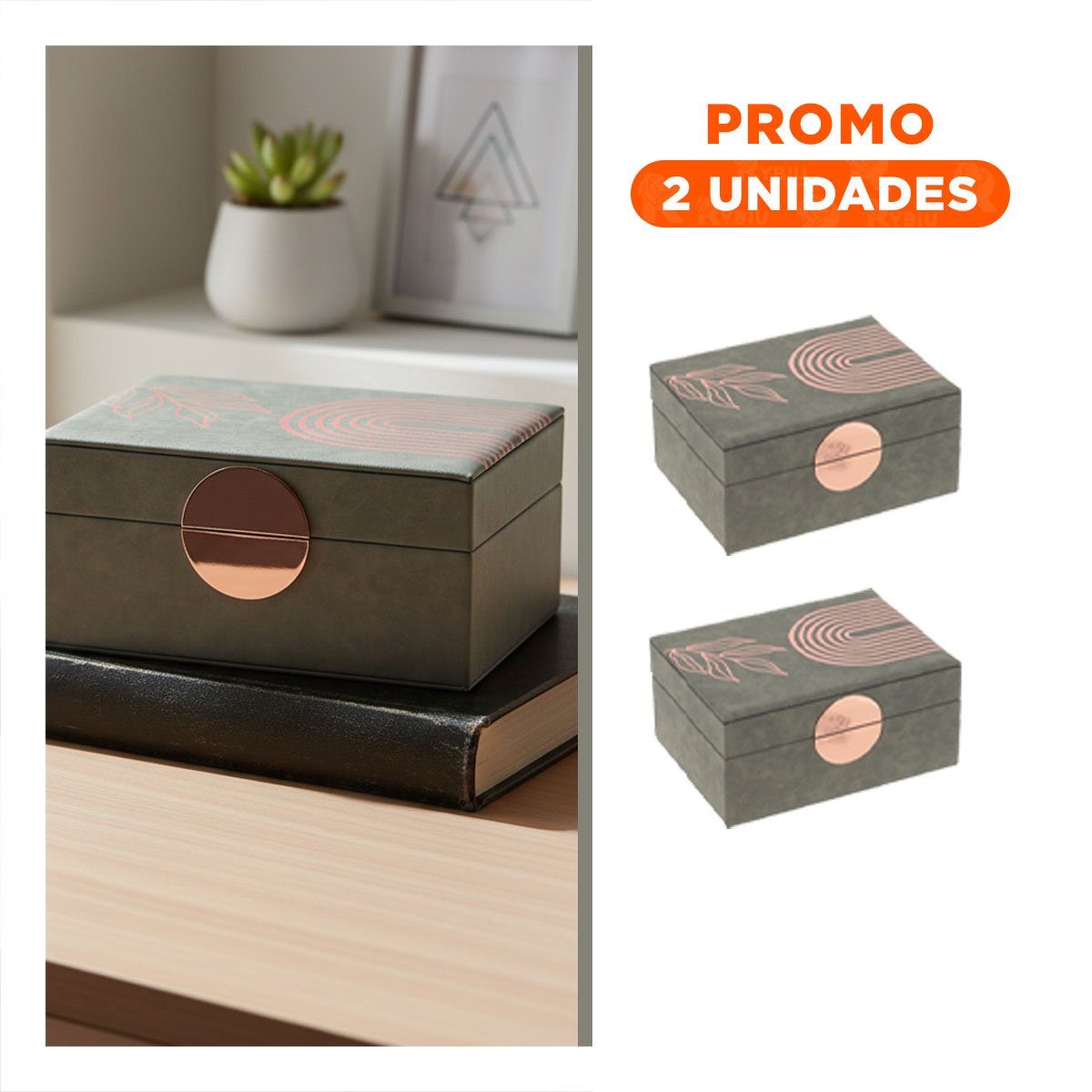 PACK2 JOYERO MODERNO 2 NIVELES 24,5X18X11 CM VERDE CON ACABADOS DORADOS - 1