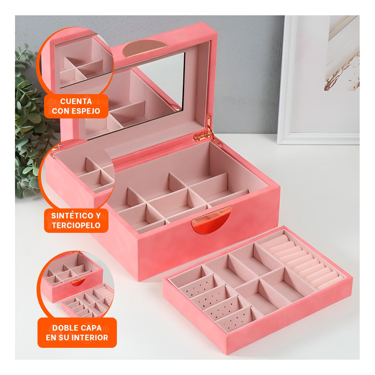 PACK6 ESTUCHE PRACTICO 2 NIVELES 24,5X18X11 CM ROSADO CON ACABADOS DORADOS - 5