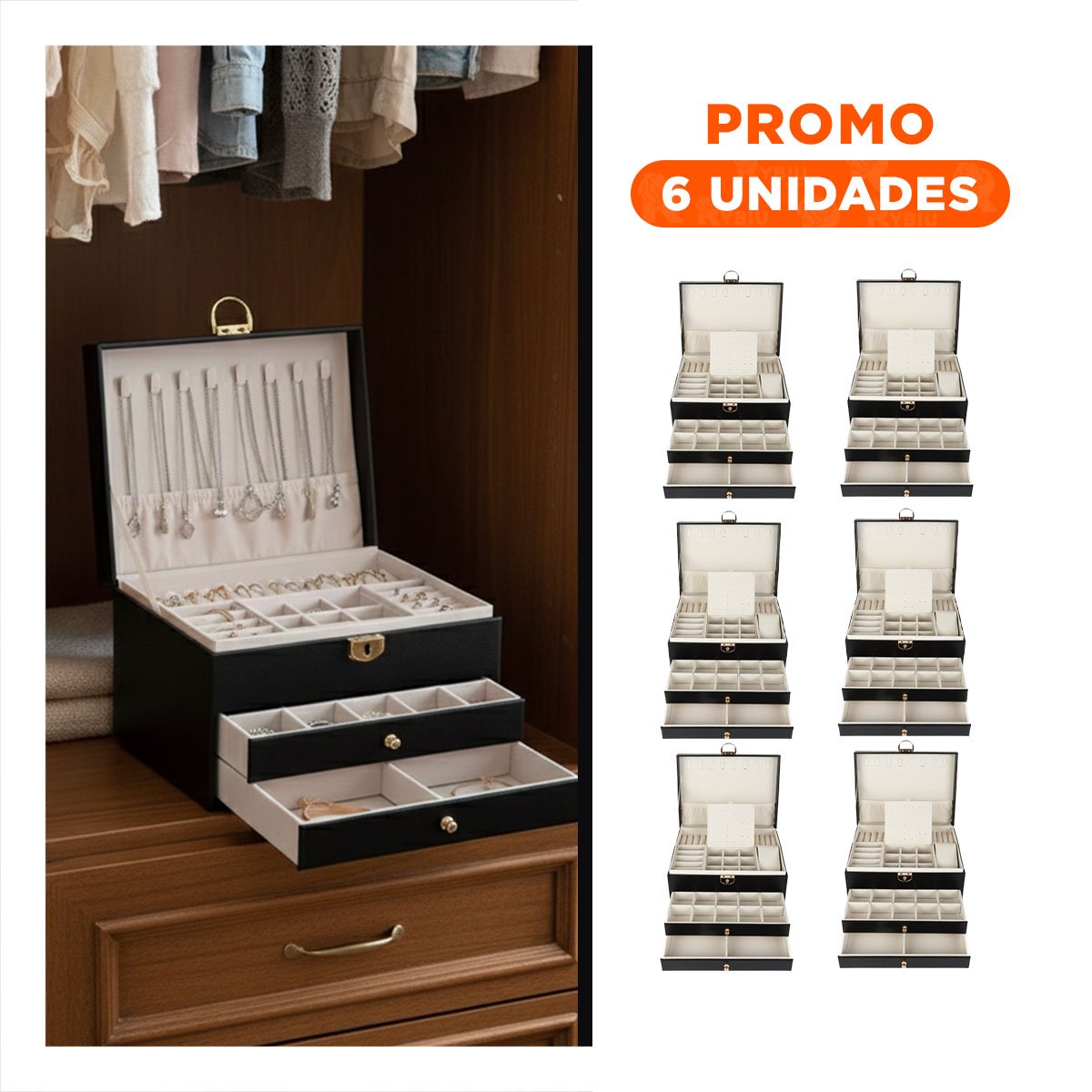 PACK6 CAJA MODERNA NEGRA 3 NIVELES 23X17X13,5 CM CON DISENO PRACTICO - 1