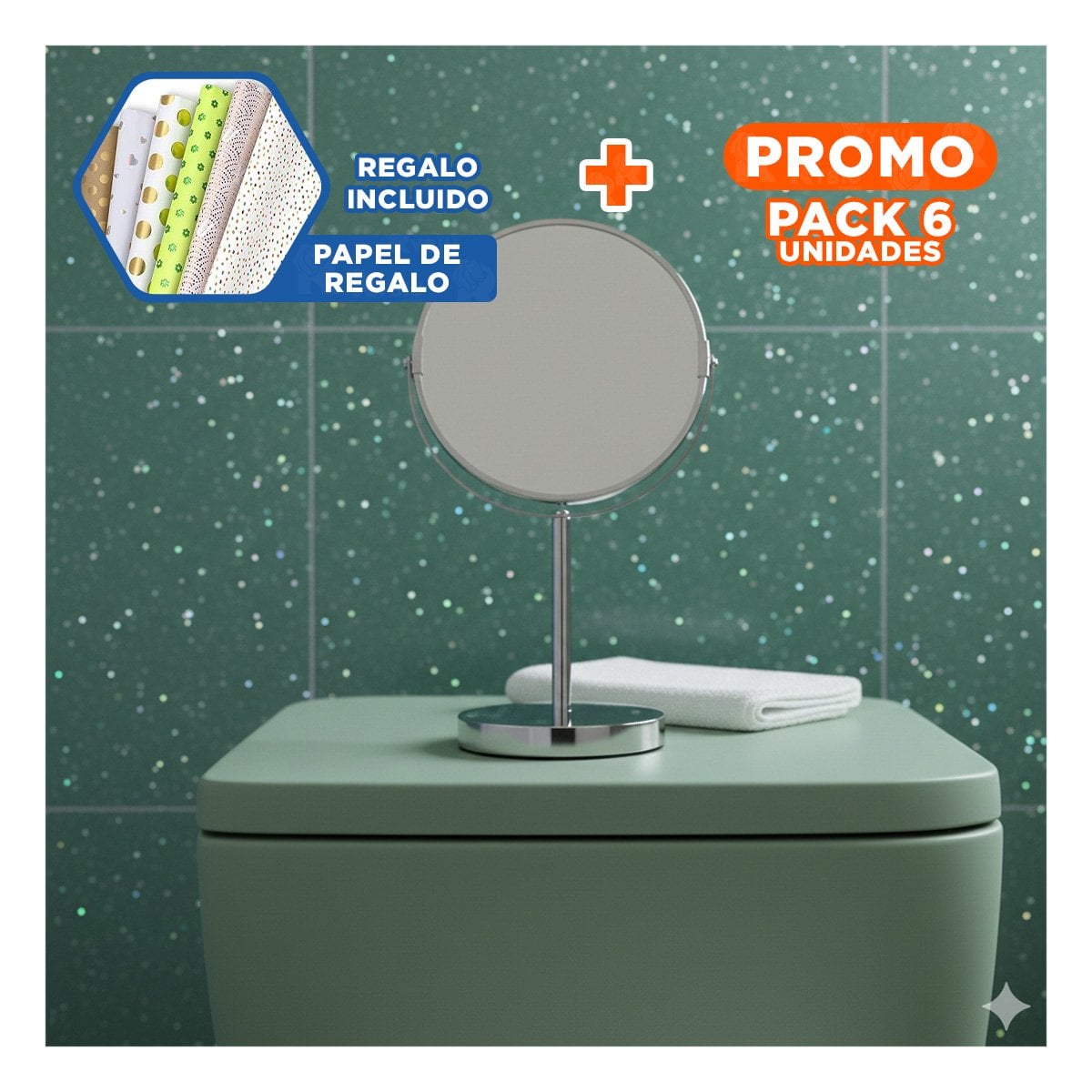 PACK6 REFLEJO MODERNO CIRCULAR DOBLE DE MESA 21,5CM PLATEADO Y+PAPEL REGALO - 1