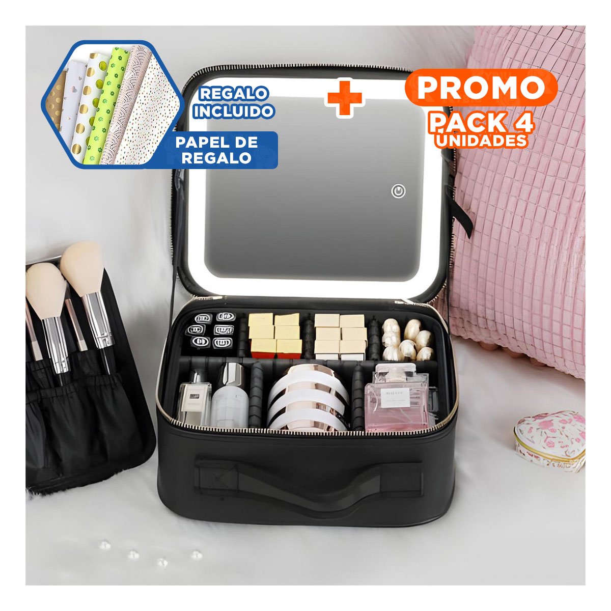 PACK4 ORGANIZADOR RIGIDO DE MAQUILLAJE CON ESPEJO NEGRO RESISTENTE Y+PAPEL REGALO - 1