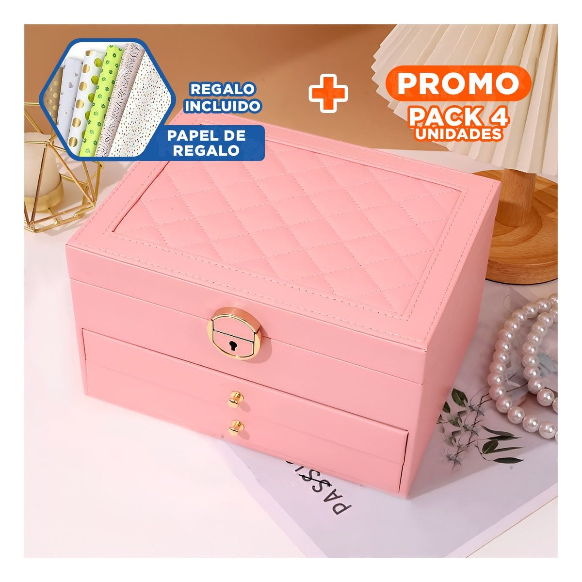 PACK4 ESTUCHE MODERNO ROSADO 3 NIVELES 23X17X13,5 CM PARA ACCESORIOS Y+PAPEL REGALO - 1