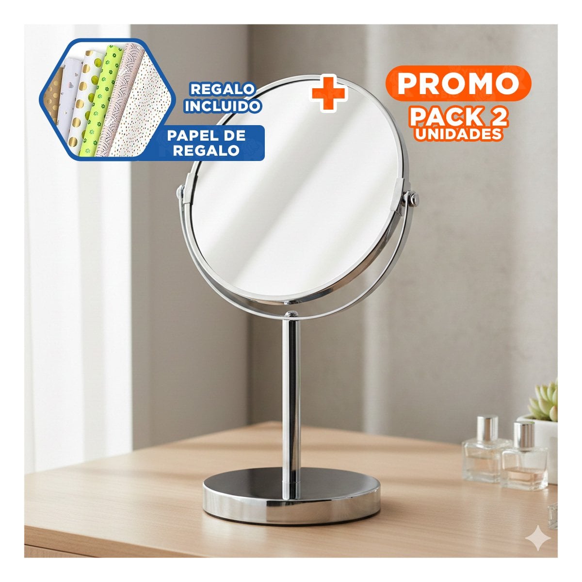 PACK2 ACCESORIO REDONDO DOBLE DE MESA 21,5CM PLATEADO PARA MAQUILLAJE Y+PAPEL REGALO - 1