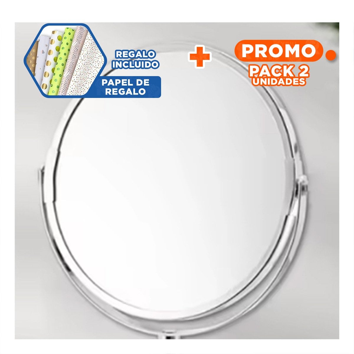 PACK2 SUPERFICIE REFLECTIVA COMPACTA OVALADA DE MESA 16CM PLATEADO Y+PAPEL REGALO - 1