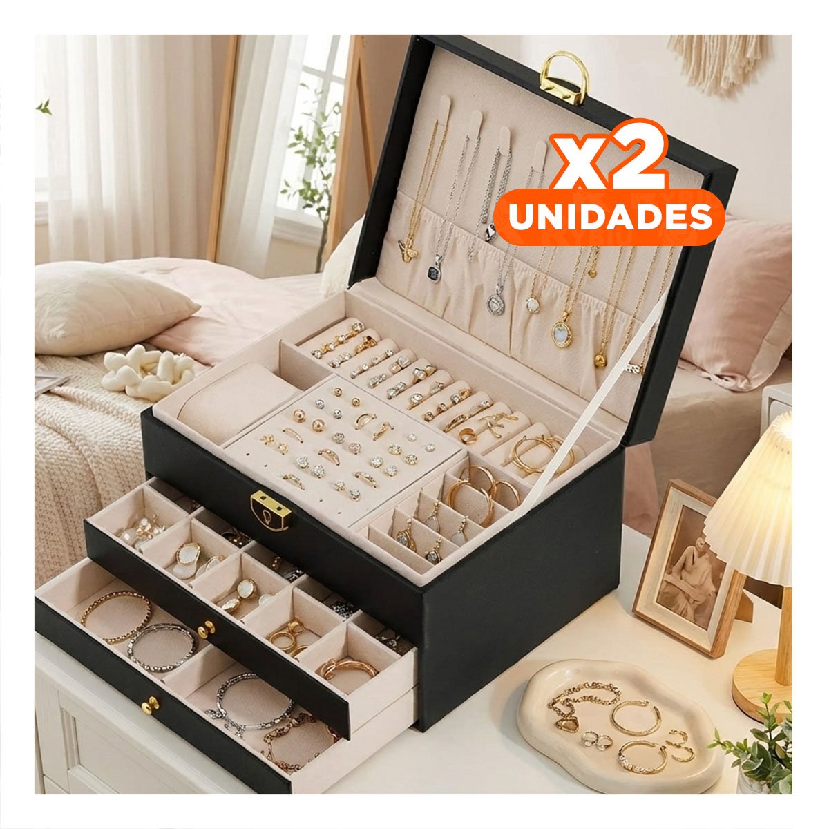 PACK2 CONTENEDOR MODERNO NEGRO 3 NIVELES 23X17X13,5 CM CON CAJONES Y+REGALO STICKER - 1