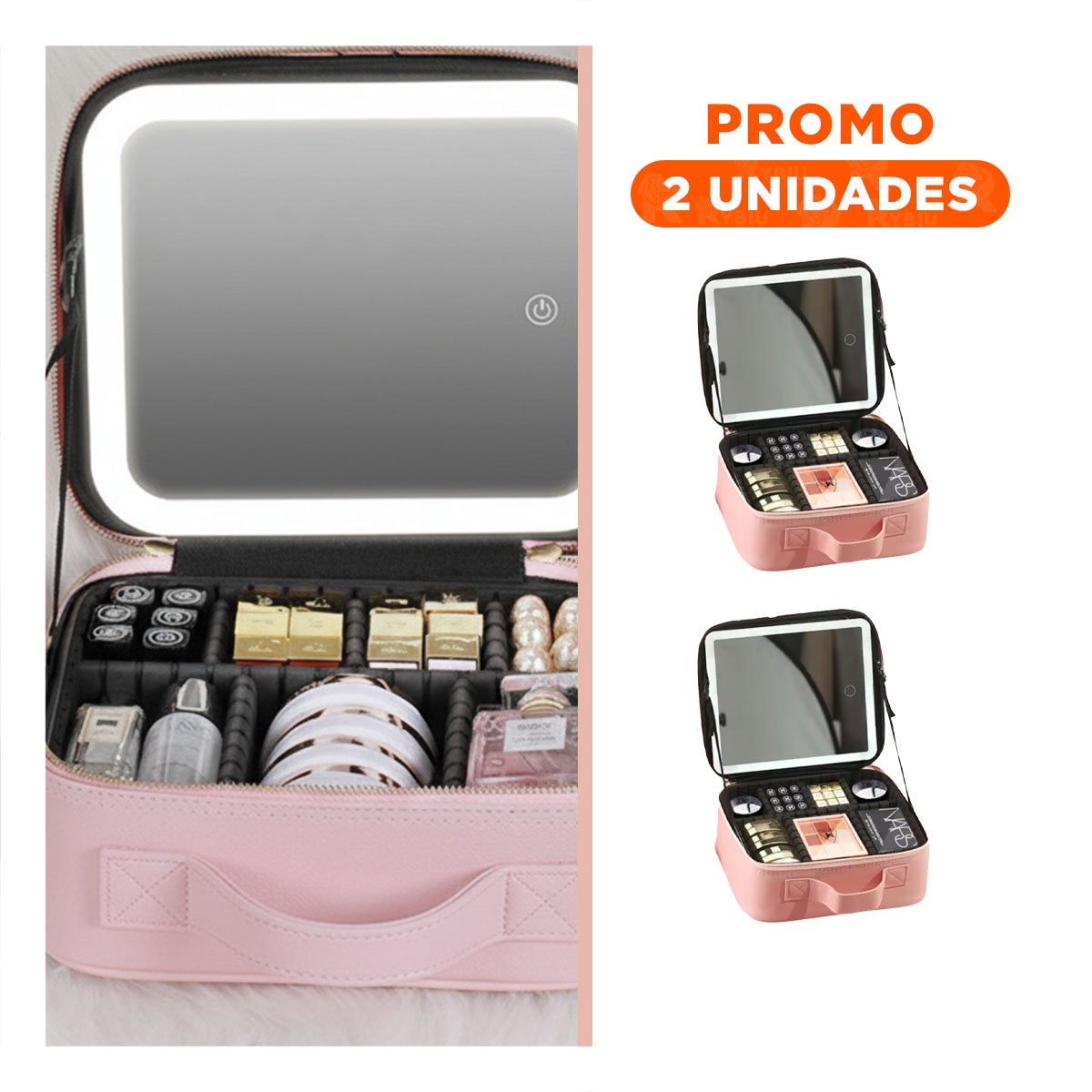 PACK2 MALETIN ELEGANTE DE MAQUILLAJE CON ESPEJO ROSADO CON DETALLES FINOS - 1