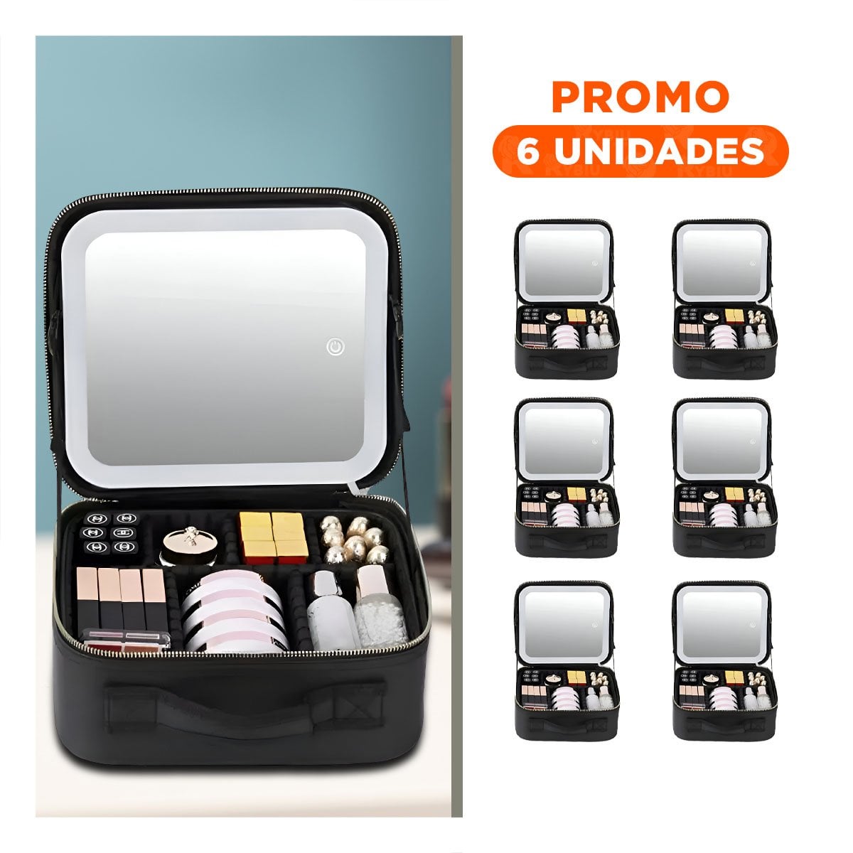 PACK6 ESTUCHE PORTATIL DE MAQUILLAJE CON ESPEJO NEGRO DISEÑO ELEGANTE - 1