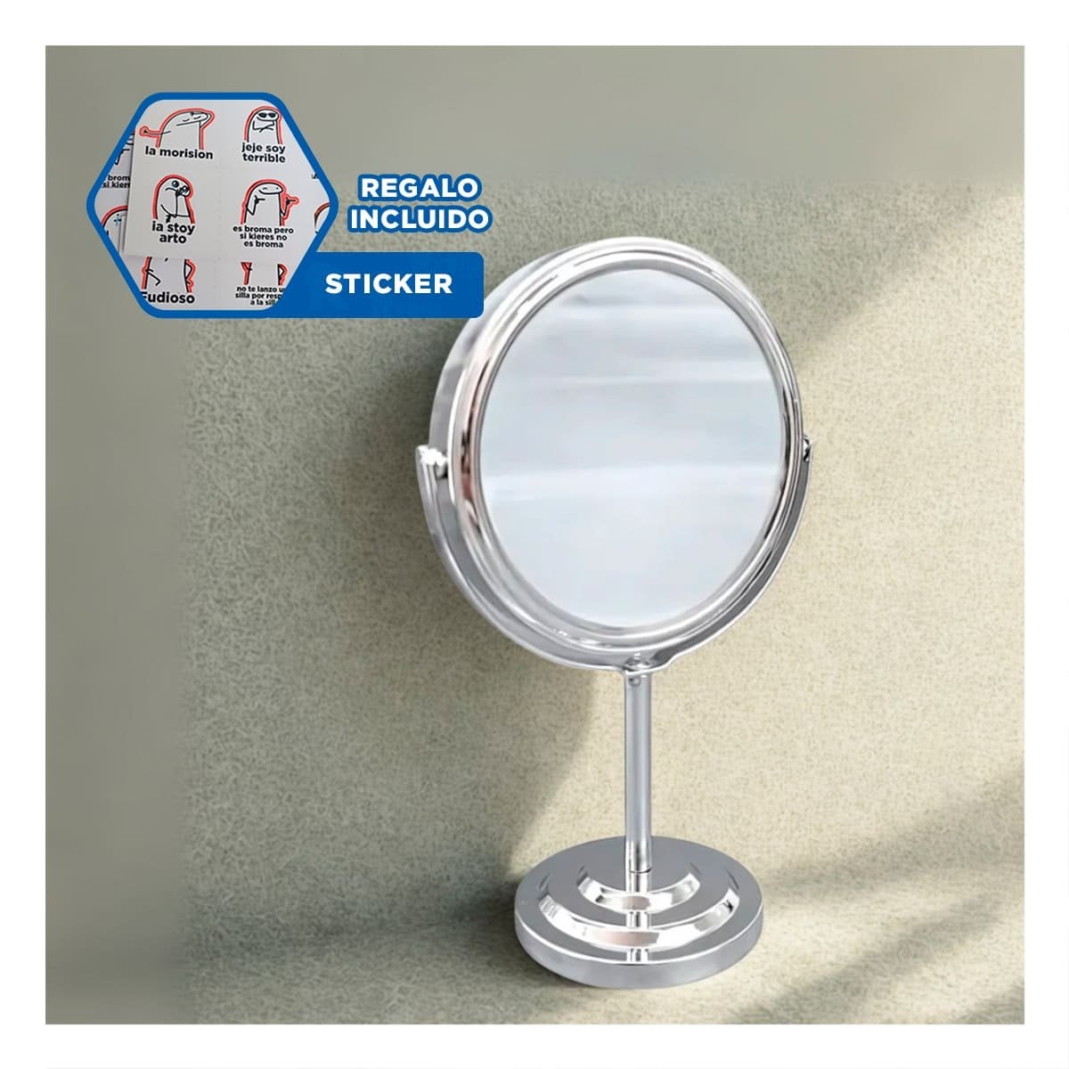 REFLEJO GIRATORIO CIRCULAR DOBLE DE MESA 21,5CM PLATEADO Y+REGALO STICKER - 1