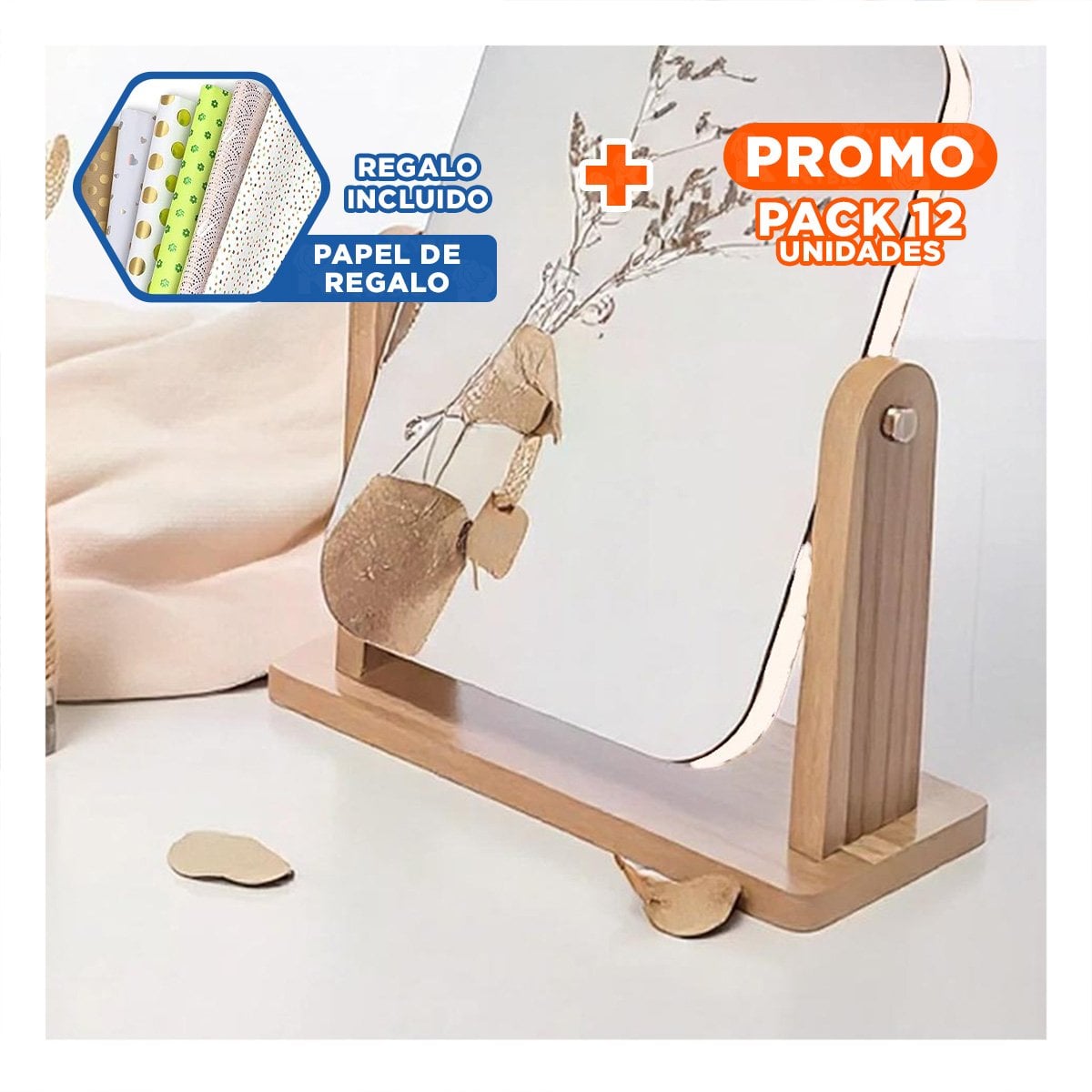 PACK12 LUNA RECTANGULAR DOBLE ELEGANTE 16,5CM TRANSPARENTE BASE MADERA Y+PAPEL REGALO - 1