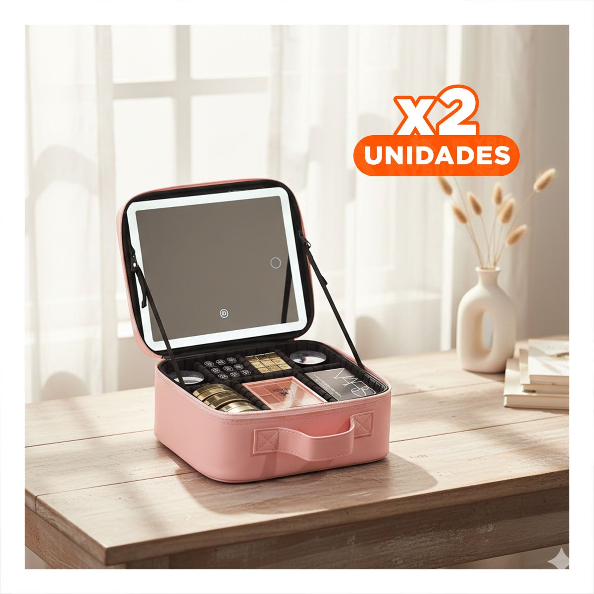 PACK2 BOLSO ELEGANTE DE MAQUILLAJE CON ESPEJO ROSADO CON ESTRUCTURA RIGIDA Y+REGALO STICKER - 1