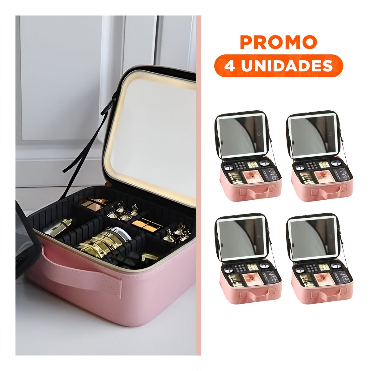 PACK4 MALETIN MODERNO DE MAQUILLAJE CON ESPEJO ROSADO CON DISEÑO ACTUAL Y+REGALO STICKER - 1