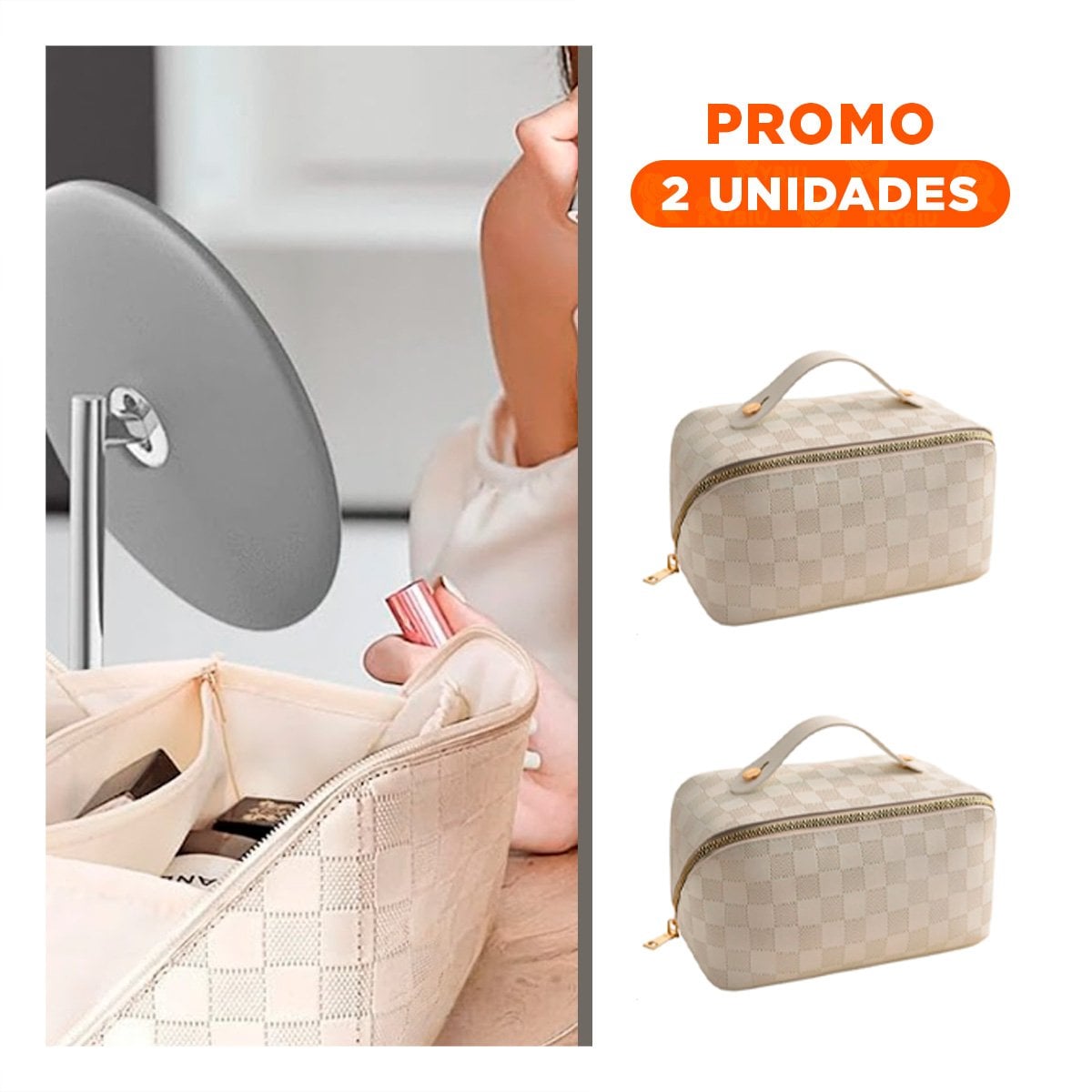 PACK2 CARTUCHERA BLANCA DE MAQUILLAJE CON DISENO DE CUADROS MINIMALISTA - 1
