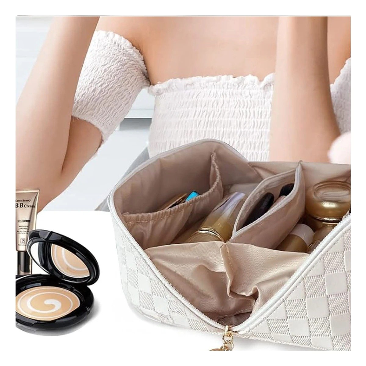PACK2 CARTUCHERA BLANCA DE MAQUILLAJE CON DISENO DE CUADROS MINIMALISTA - 5