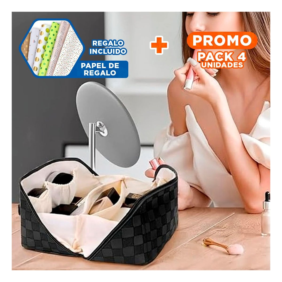 PACK4 CARTUCHERA PORTATIL NEGRA PARA COSMETICOS CON ESTILO MODERNO Y+PAPEL REGALO - 1