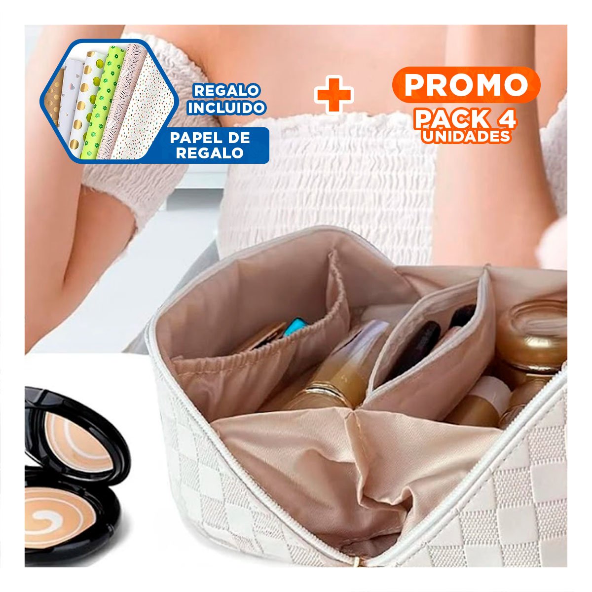 PACK4 CARTUCHERA FUNCIONAL BLANCA CON ESTAMPADO DE CUADROS Y+PAPEL REGALO - 1