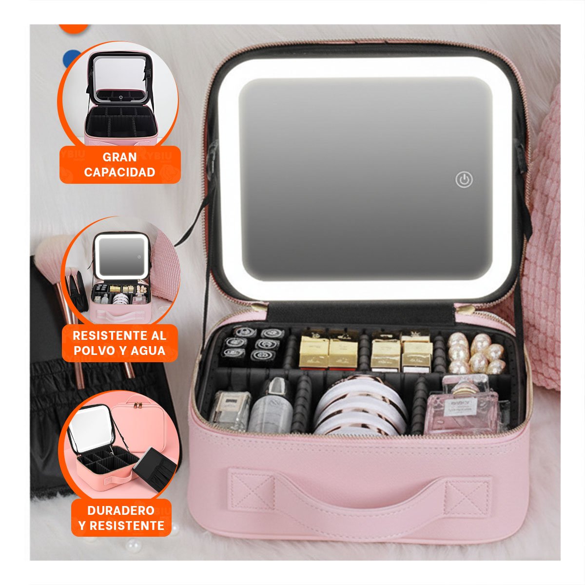 PACK6 PORTACOSMETICOS MODERNO DE MAQUILLAJE CON ESPEJO ROSADO CON SEPARADORES Y+REGALO STICKER - 3