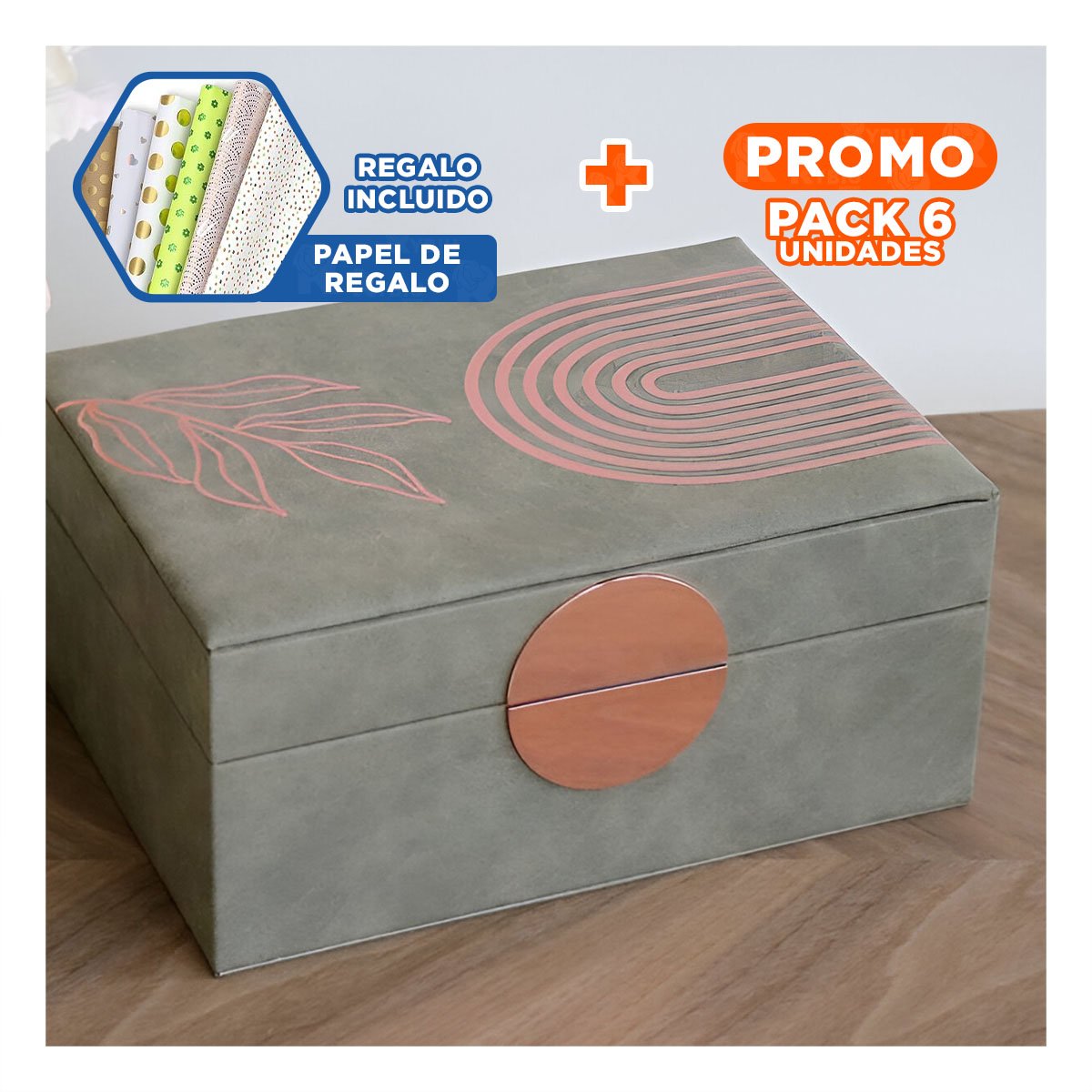 PACK6 COFRE PRACTICO 2 NIVELES 24,5X18X11 CM VERDE CON TOQUES DORADOS Y+PAPEL REGALO - 1